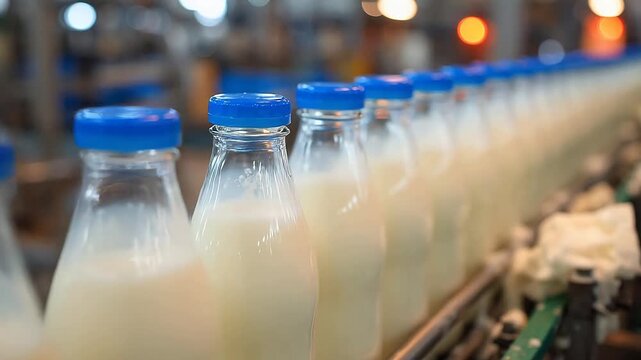 Milk bottles on production line