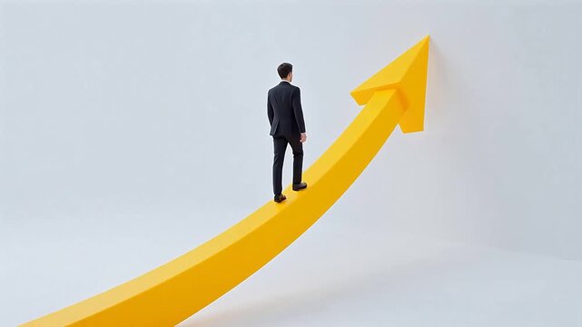 Businessman walking on upward arrow