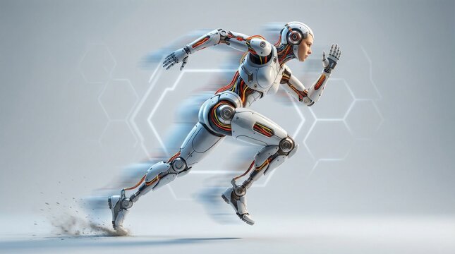 A futuristic robot is running with a blurred motion effect in a gray background with a hexagonal pattern