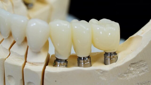 Macro close up of dental implants with ceramic crowns mounted on jaw model. Modern dentistry, prosthodontics and implant restoration concept.