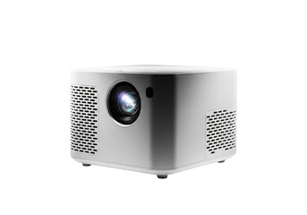Obraz premium A small silver projector with a black lens and ventilation holes isolated on transparent background