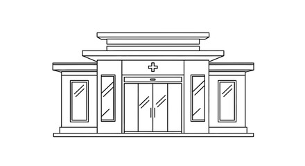 Modern Hospital Entrance Building Facade with Glass Doors and Windows, Medical Cross Symbol