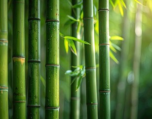 Fototapeta premium Vibrant close-up of wet, tall green bamboo stalks in a sunlit forest setting.