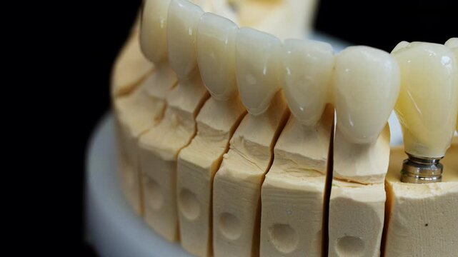 Macro close up of dental veneers and implant supported crowns on jaw model. Modern cosmetic and restorative dentistry concept.
