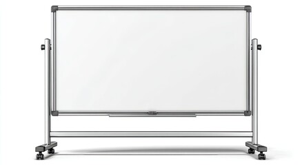 A clean, blank, white rectangular board on a wheeled silver stand, centered