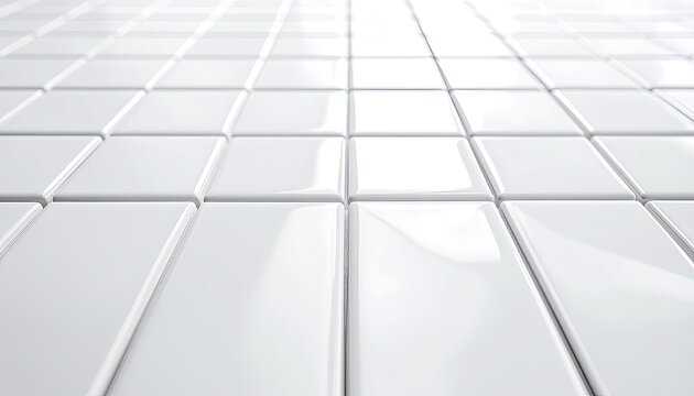Perspective view of glossy white rectangular subway tiles receding into the distance.