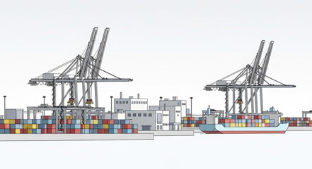 Fototapeta premium Large industrial cranes loading cargo ship with containers at port.