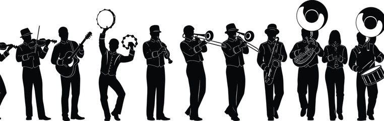 Flavector, Marching, Band, Musicians, Silhouettes, Playing, Instruments, Including, Trumpet, Saxophone, Guitar, Violin, Drums, Trombone, Tuba, And, Tambourine, For, Music, Festivals. © MSTSHAMIMA