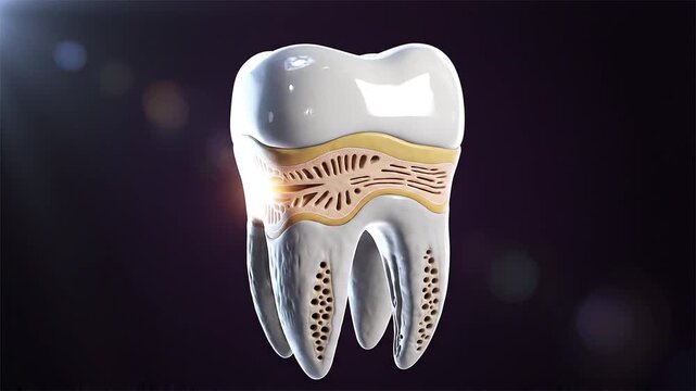 Detailed human tooth anatomy cross section showing enamel dentin pulp and roots with internal