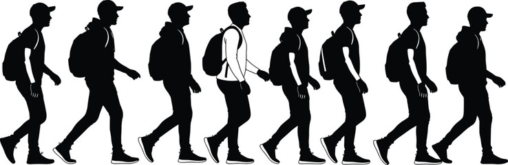 Row of black silhouette men walking with backpacks where one unique person in white stands out from the group concept © Hafiza