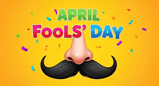 April Fools' Day mustache prank festive yellow background confetti celebration