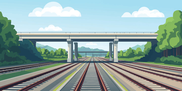 Multiple Railway Tracks Under Overpass &ndash; Transport Vector Illustration