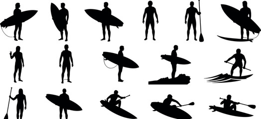 Black silhouette collection of surfers paddleboarders and kayakers standing with surfboards and rowing on water isolated on white background © Reginald Diesel