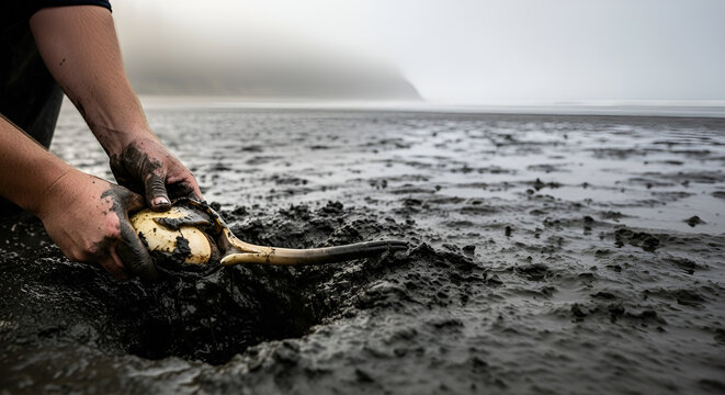 Fisherman Harvesting Large Geoduck Clam on Muddy Beach