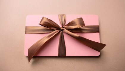 Blank Pink Gift Card With A Shiny Bronze Ribbon And Bow On A Light Beige Background For Special Occasions