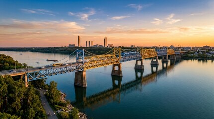 Professional wide angle landscape photograph of a blue and yellow bridge over a calm river at sunset with city buildings and a lush green shoreline in the background