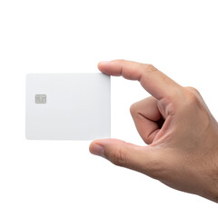 Obraz premium Human hand holding a blank white card with EMV chip, angled for secure access, isolated on transparent background.