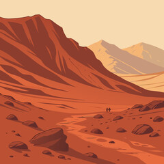 Two explorers trekking across a vast, barren Martian landscape with red mountains and rocky terrain, epic sci-fi exploration. © md