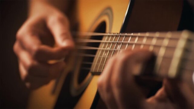 Close up acoustic guitar strings being strummed by hands creating melodic music sound beautiful