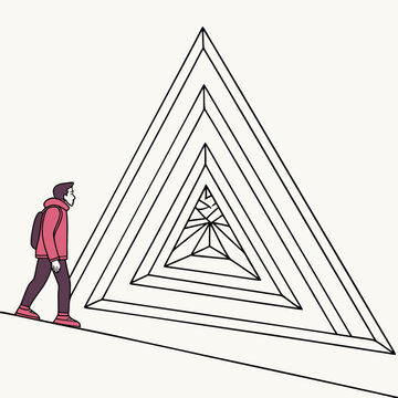 Man with backpack approaching an Escher-like optical illusion of nested triangles, abstract concept of infinity and perspective.