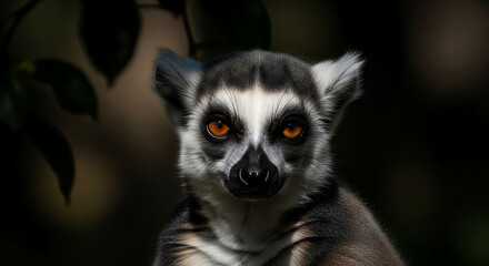 Fototapeta premium Close-up portrait of a ring-tailed lemur, Lemur catta, with a curious expression, sitting in a natural setting with green foliage, conveying a sense of endangered species and conservation