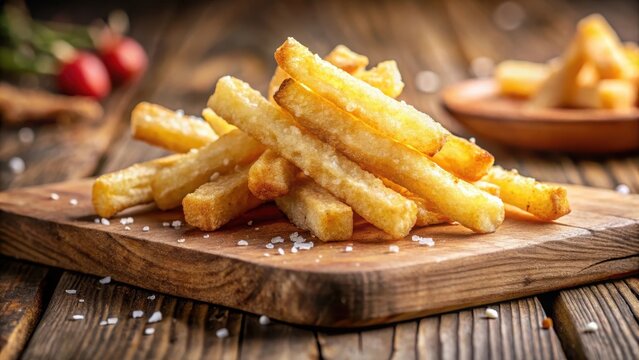 A closeup of crunchy yuca frita on a wooden cutting board