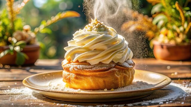 A photo of a steaming Ensaimada with fluffy cream on top, garnished with a sprinkle of sugar crystals and a golden dusting