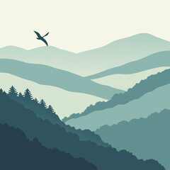 Minimalist Serene Mountain Landscape Illustration with Layered Blue-Green Hills and a Solitary Bird in Flight.