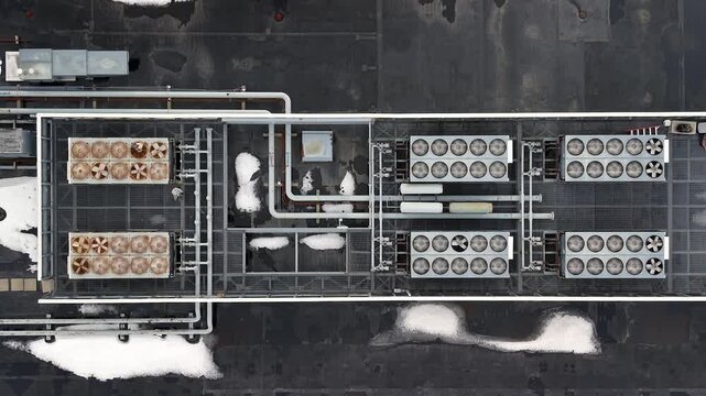 Top down view of Cooling units and chillers on a Data center infrastructure