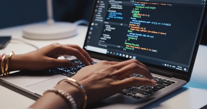 Woman typing on laptop computer coding.