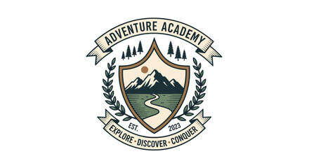 Fototapeta premium Adventure Academy Emblem with Mountains and River.