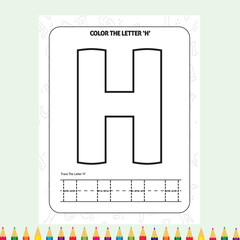 Color the letter h activity page for kids with tracing practice. alphabet learning