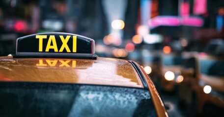 The Taxi Roof Sign Glowing Over Wet City Street With Blurred Neon Traffic