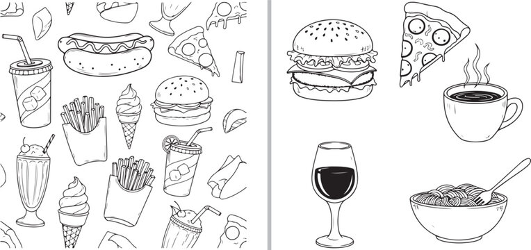 B&W vector set featuring a fast food pattern with hot dogs and fries alongside larger icons of a burger, pizza, wine, coffee, and pasta. Perfect for diner or takeaway menu designs.