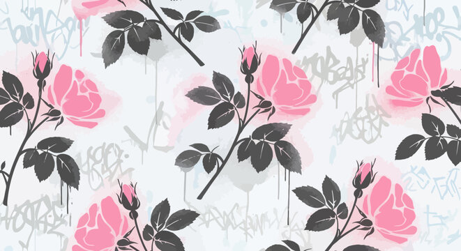 Pink rose, floral pattern, graffiti background, seamless design, vector illustration