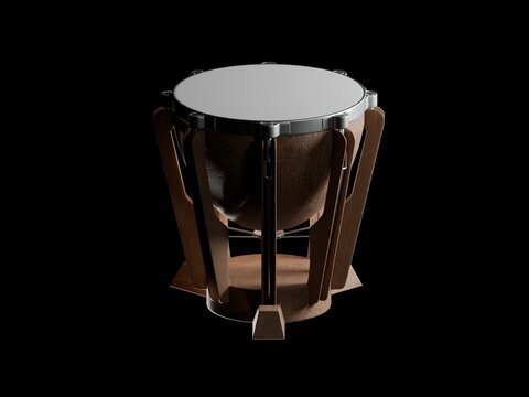 3D render of a wooden timpani drum isolated on black background, highlighting orchestral percussion and classical performance.