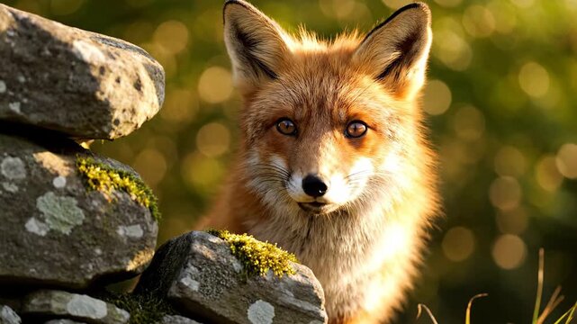Curious Fox Peeks From Behind Mossy Stone Wall