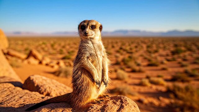 Curious Meerkat Standing Guard in Desert Landscape