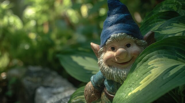 Friendly miniature gnome figurine peeking from lush green foliage in a garden setting