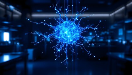 Fototapeta premium A vibrant blue glowing neural network node pulses against a dark, blurred background.