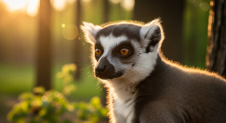 Obraz premium Close-up portrait of a ring-tailed lemur, Lemur catta, with a curious expression, sitting in a natural setting with green foliage and a blurred forest habitat in the background, conveying a