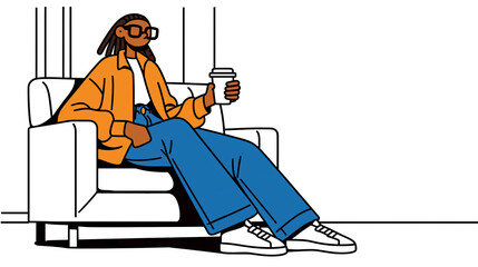 ソファーに座ってコーヒーを飲む女性