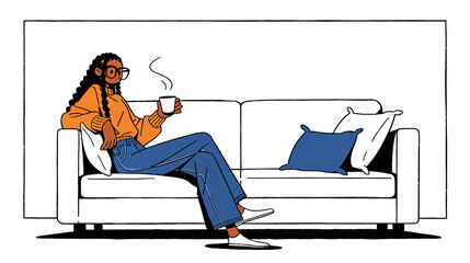 ソファーに座ってコーヒーを飲む女性
