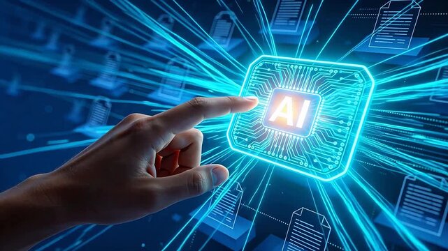 Futuristic hand touching glowing AI chip interface digital transformation concept artificial intelligence technology neural network machine learning data processing virtual screen