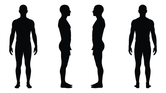 Four black silhouettes of a man in different poses isolated on white background, Vector