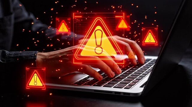 Cybersecurity threat alert hacker attack warning data breach risk digital security concept computer virus detection online privacy protection system error notification network