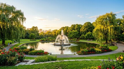 Beautiful public park landscape featuring a grand water fountain in a circular pond surrounded by colorful flower beds lush green trees and a distant city skyline at sunset