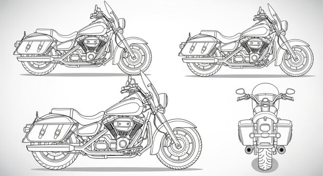 Detailed Sketch of a Motorcycle from Multiple Angles.