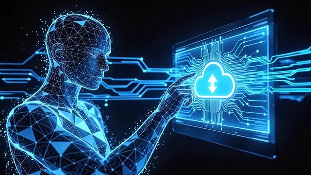Futuristic AI humanoid robot touching cloud computing icon on digital screen neural network data upload artificial intelligence concept cyber technology virtual reality interface