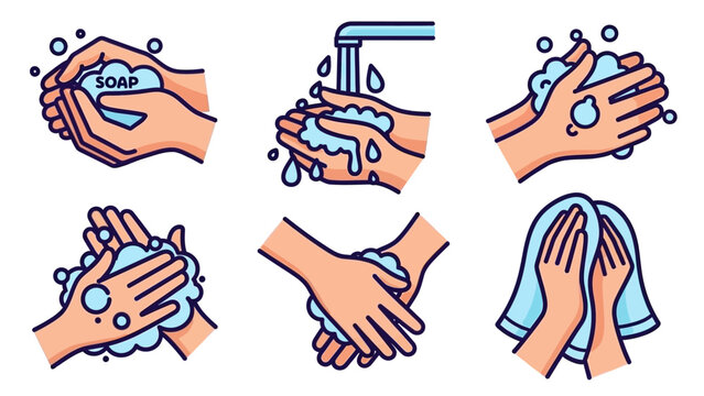 Vector graphic illustration of hands performing various steps to wash and clean properly